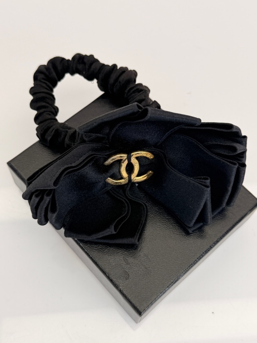Rare Vintage Chanel Black Satin Bow Hair Scrunchie with Gold CC Accent